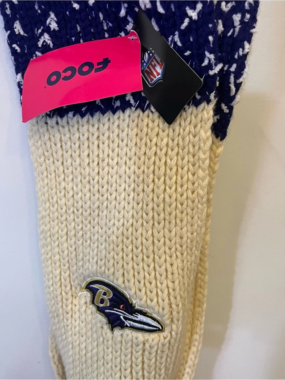 NWT Baltimore Ravens NFL FOCO Confetti Purple Cream Knit Winter Scarf W/ Pompoms